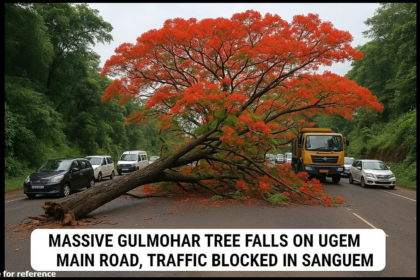 Massive Gulmohar Tree Falls on Ugem Main Road, Traffic Blocked in Sanguem