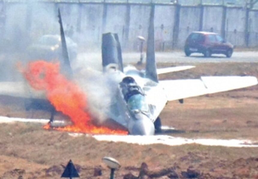 MiG fighter jet veers off runway; catches fire