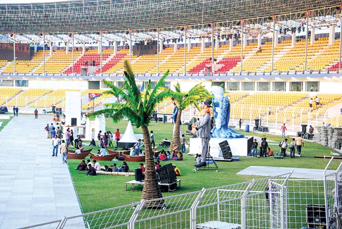 Nehru Stadium, Fatorda decked up for the opening ceremony.