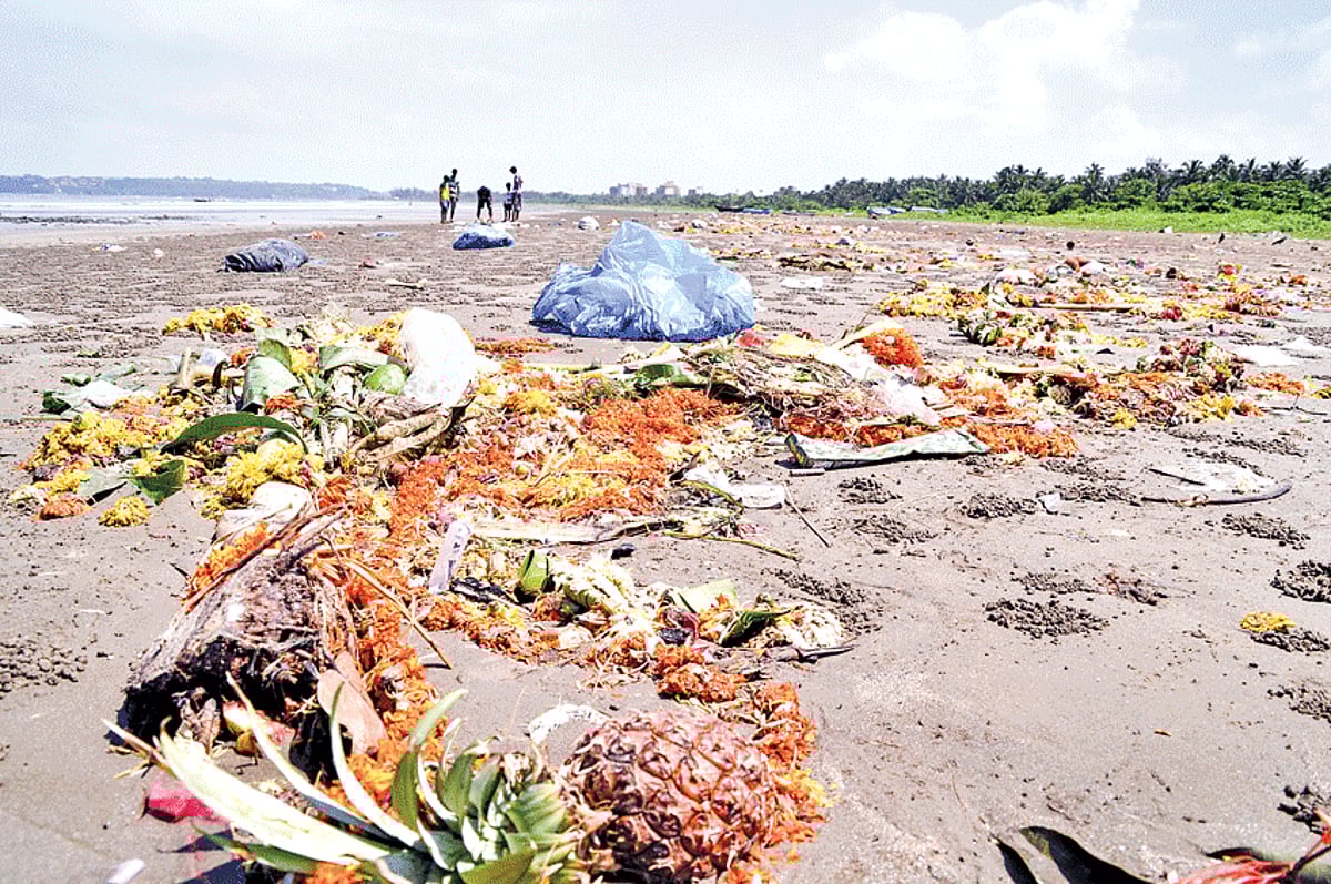 Nirmalaya (floral offerings) washed away on the shore at Caranzalem beach on Saturday after the five-day Ganesh idol immersion