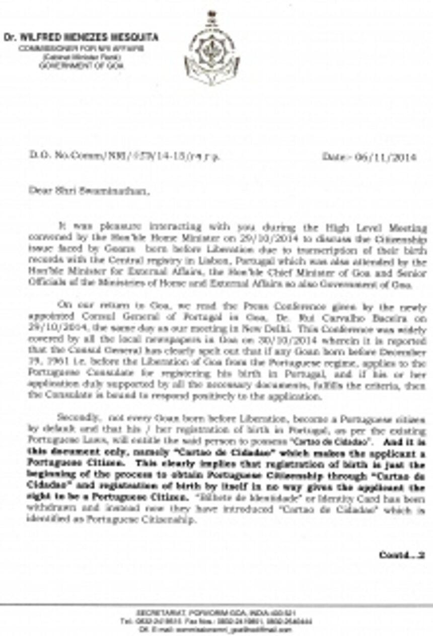 ONLY ‘Cartao de Cidadao’ makes the holder a Portuguese Citizen, not birth registration - Late Dr Wilfred Mesquita’s letter to MEA