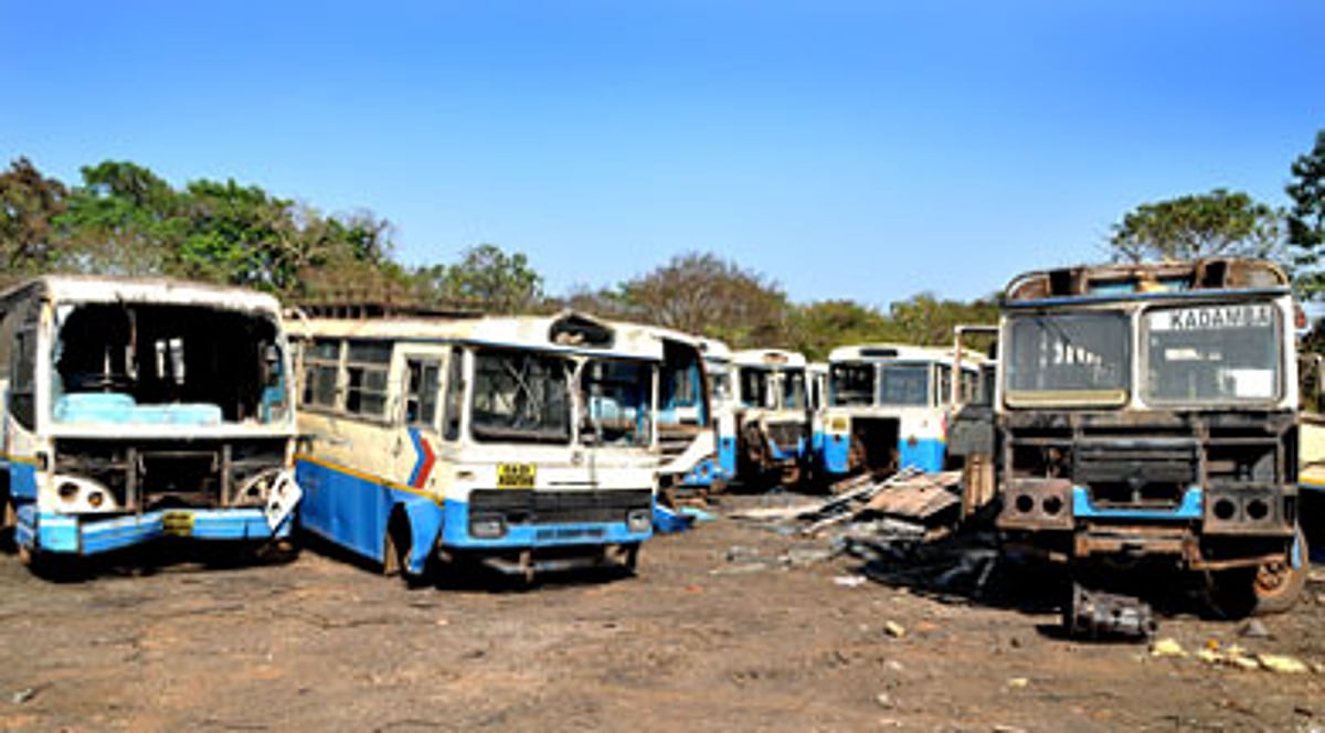 Old KTC buses kept for scrap at its yard near the Porvorim depot.