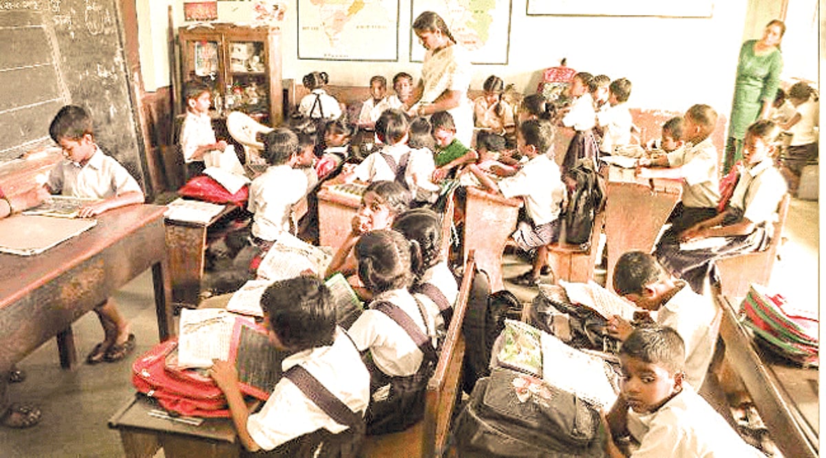 One class room being shared by students of two government schools at Navelim on Thursday.