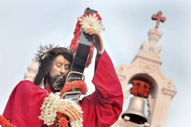 PASION OF CHRIST! A statue of Jesus carrying the cross marking the  Passover day at Immaculate Conception church, Panjim on Palm Sunday.