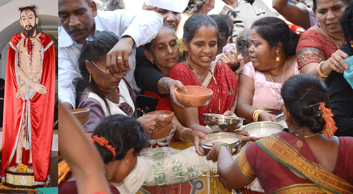PEZECHEM FEST (Canji feast): Devotees have canji which is cooked in seven gigantic copper vessels for the feast of Jesus Nazareth chapel, Siridao which is celebrated on the first Sunday after Easter. (Left) Statue of Jesus Nazareth is kept for veneration
