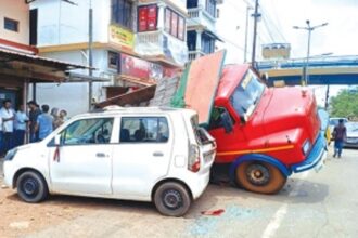 Parked truck topples onto car after pavers cave in at Margao