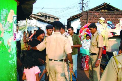 Police at Moti Dongor after the violence.