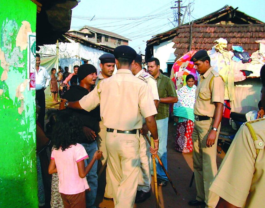 Police at Moti Dongor after the violence.