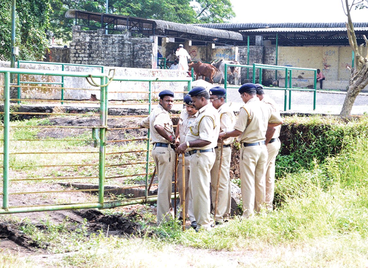Police presence near the Goa Meat Complex gate at Usgao