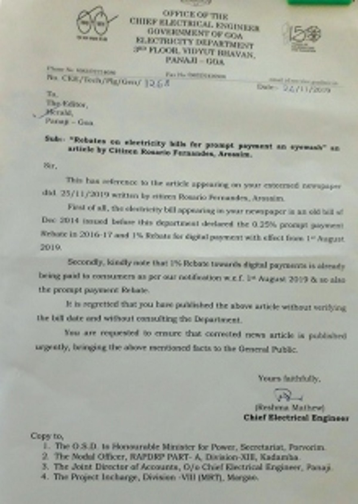 Power dept clarifies on bill rebates