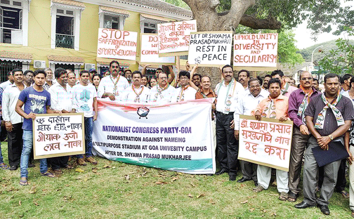 President of NCP, Goa Pradesh, Nilkanth Halarnkar, along with Jose Philip D'Souza and Trajano D'Mello hold a demonstration in front of the Collectorate office in Panjim on Friday, against naming the multipurpose stadium at Taleigao after Dr Shyama Prasad