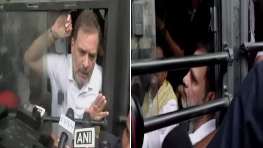 Rahul Gandhi and Opposition Leaders Held by Police During Poll Body Protest 1 Rahul Gandhi and Opposition Leaders Held by Police During Poll Body Protest