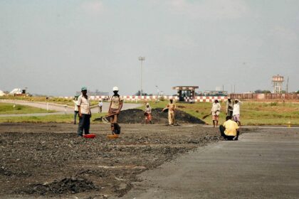 Repair work on the runway at Dabolim airport.