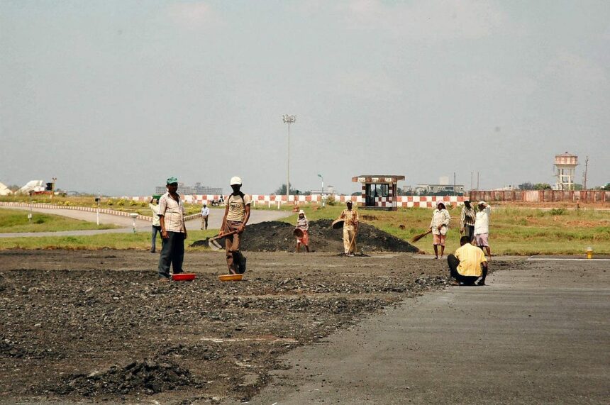 Repair work on the runway at Dabolim airport.