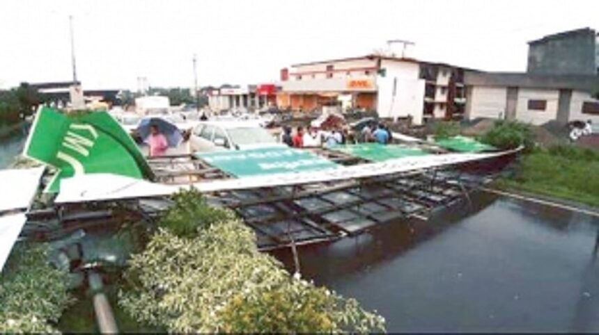 Rider hurt, vehicle damaged as hoarding collapses at Dabolim