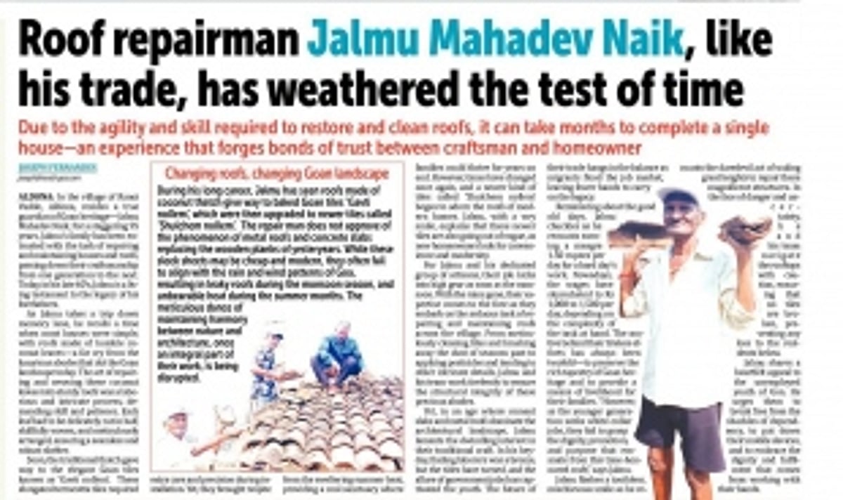 Roof repairman Jalmu Mahadev Naik, like his trade, has weathered the test of time
