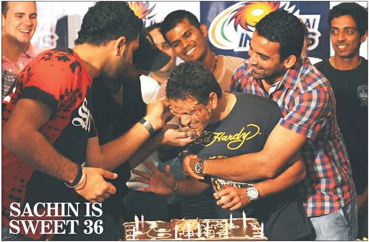 Sachin Tendulkar has cake smeared onto his face at a surprise birthday party in Durban early April 24. Tendulkar celebrated his 36th birthday with friends and teammates in South Africa during the Indian Premier League.