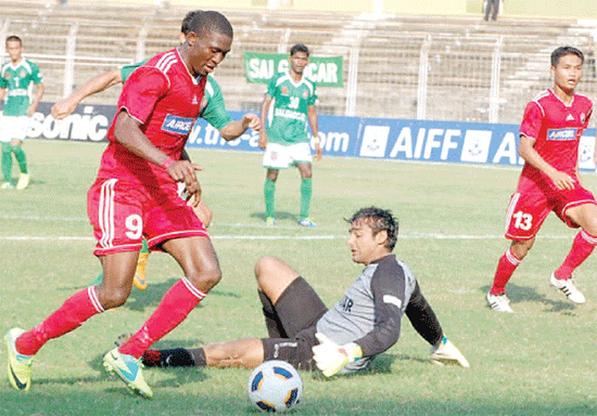 Salgaocar goalkeeper Karanjit is beaten as a Lajong player races to score at Fatorda, Wednesday.