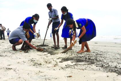 School students engaged in the beach cleaning exercise at the Colva beach on Wednesday.
