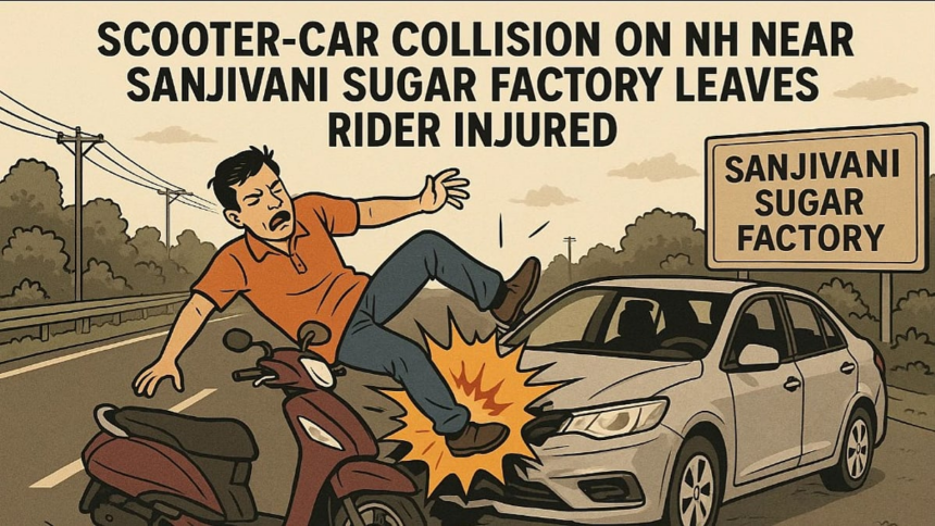Scooter-Car Collision on NH Near Sanjivani Sugar Factory Leaves Rider Injured 1 Scooter-Car Collision on NH Near Sanjivani Sugar Factory Leaves Rider Injured