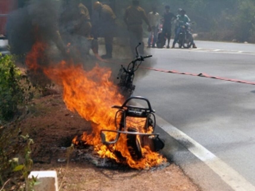 Scooter catches fire as owner tries to restart it