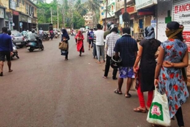 Serpentine queues at grocery shops across Bicholim