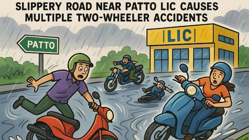 Slippery Road Near Patto LIC Causes Multiple Two-Wheeler Accidents