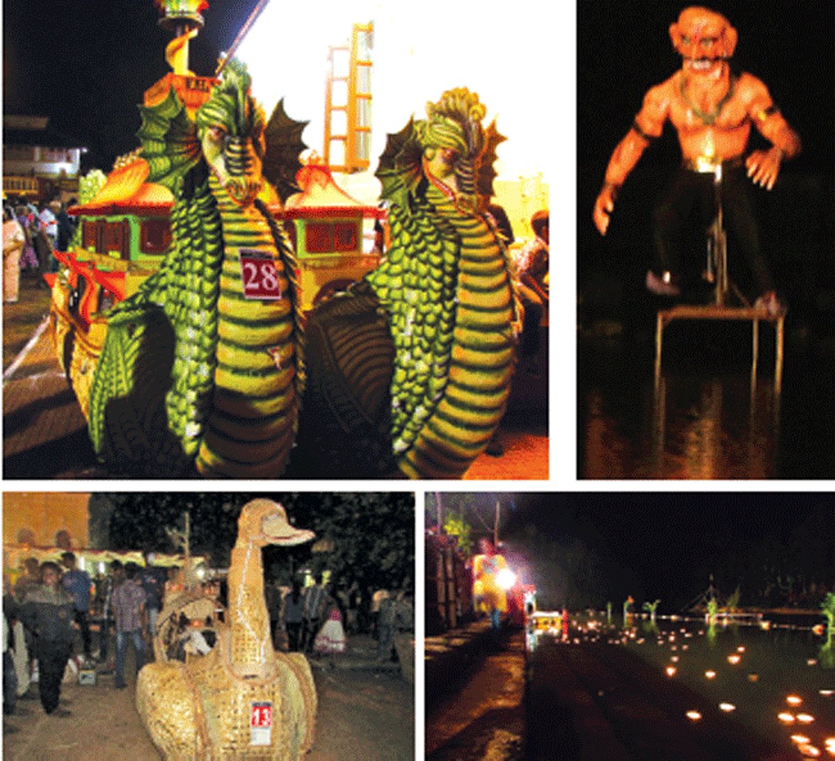 Some of the eco-friendly boats and other figures, made from natural material that formed a part of the boat parade at the Tripurari Poornima.
