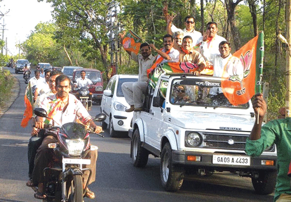 Sports Minister Ramesh Tawadkar takes part in a rally in Canacona taluka to celebrate the victory of BJP candidate Narendra Savoikar.