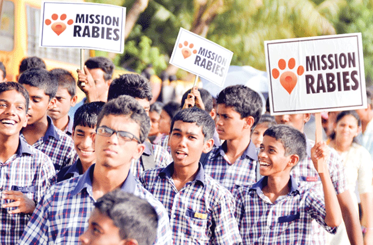Students participate in a rally on the occasion of Rabies Awareness Day organised by Mission Rabies from Taleigao to Kala Academy in Panjim on Wednesday.