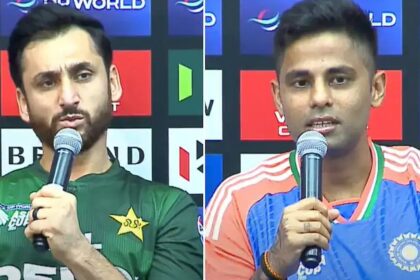 Suryakumar Yadav’s witty “Kisne Bola?” reply stuns reporter; Pakistan skipper joins in