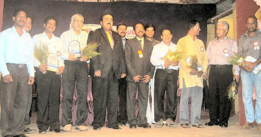 The Jaycee Creed awardees with their awards along with JCI National President Santoshkumar P at the awards presentation ceremony at Sanguem.