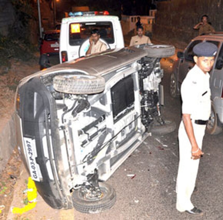 The Tata Nano car that was damaged in the hit-n-run at Cortim
