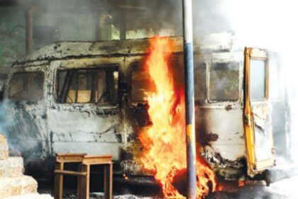 The Tempo Traveller gutted in a major fire at Raia.