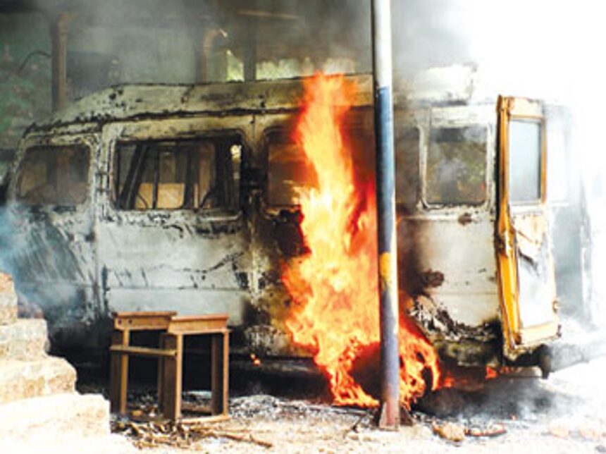 The Tempo Traveller gutted in a major fire at Raia.