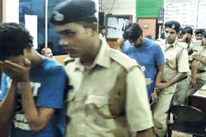The accused tourists being taken by the Colva police for remand on Monday.