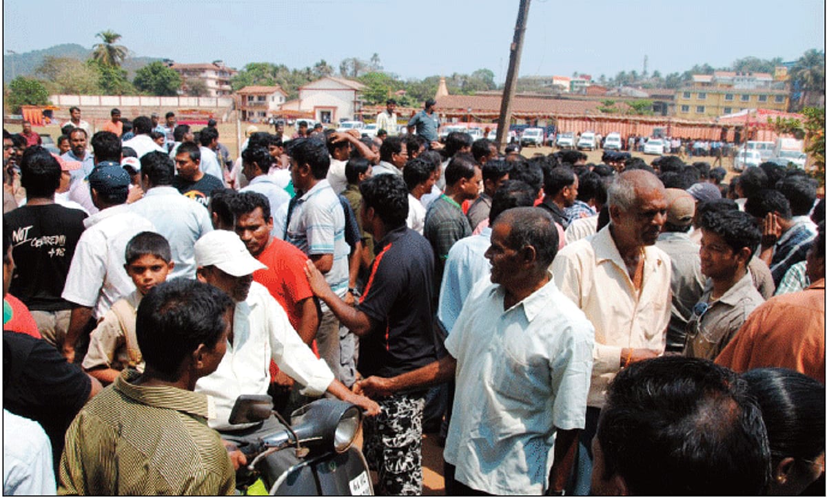 The agitating truck owners outside the Government Sports Complex, Curchorem. Photo by Suresh Naik