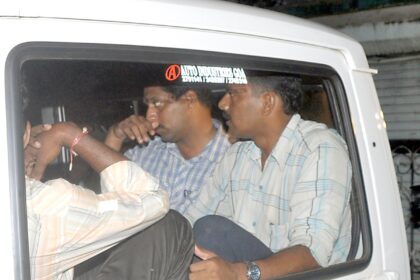The arrested police personnel being taken for medical check up at GMC.