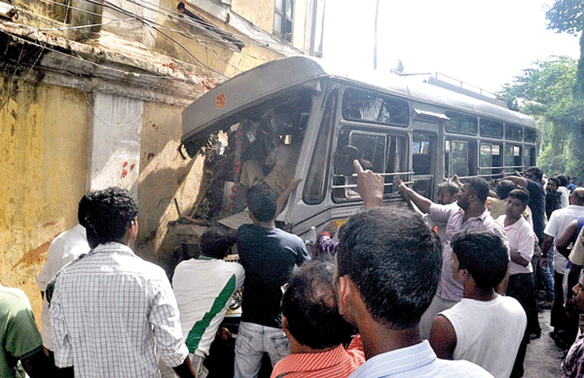 The bus that rammed into a house at Panvel-Ribandar, injuring 21 passengers on Friday.