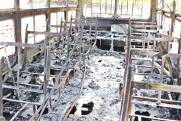 The bus which was gutted in a major fire at Tolleabandh-Chinchinim in the wee hours of Friday.