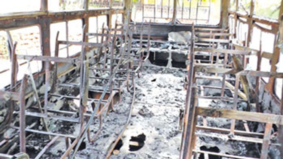 The bus which was gutted in a major fire at Tolleabandh-Chinchinim in the wee hours of Friday.