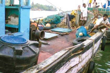 The damaged Goan fishing trawler