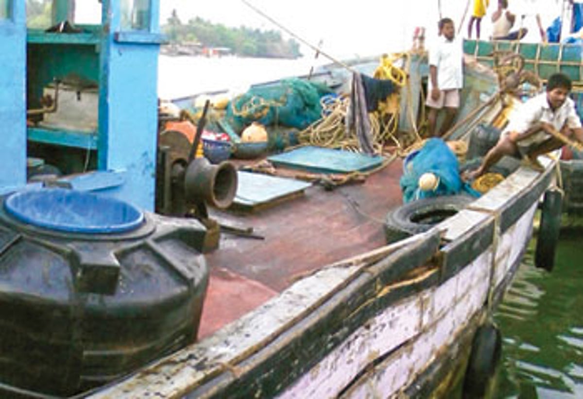 The damaged Goan fishing trawler