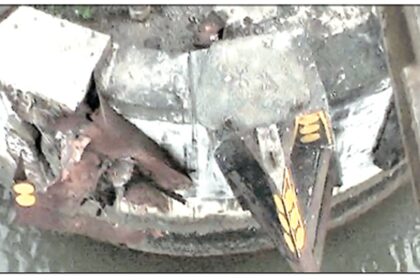 The damaged iron fenders of the Konkan Railway Bridge in Cortalim.