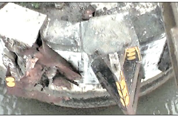 The damaged iron fenders of the Konkan Railway Bridge in Cortalim.