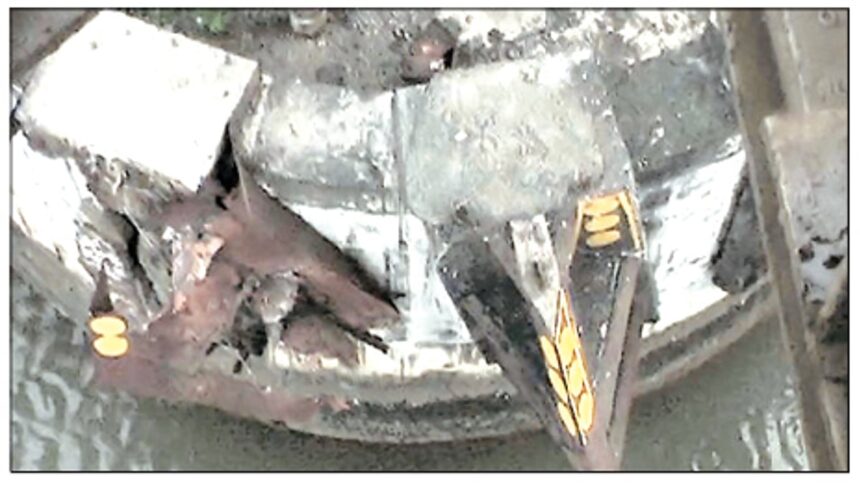 The damaged iron fenders of the Konkan Railway Bridge in Cortalim.