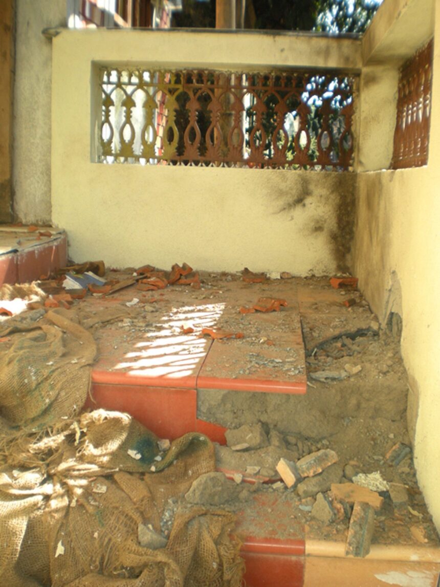 The damaged portion of the house which was rocked by an explosion on late Sunday night.