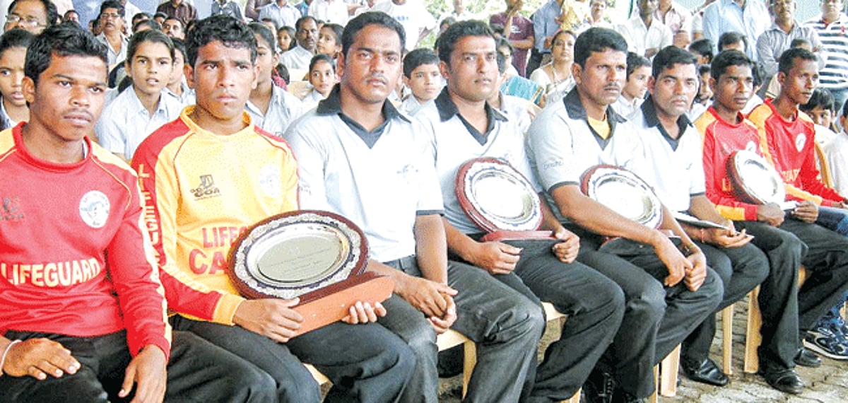 The eight life guards who were instrumental in rescuing fishermen at Colva and Mobor last month.