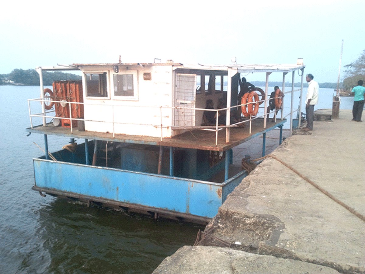 The ferry boat along with its staff anchored at the Old Goa jetty on Sunday evening.