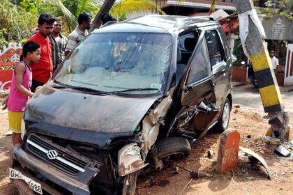 The front and left side of a Wagon-R vehicle completely damaged in an accident at Verna.